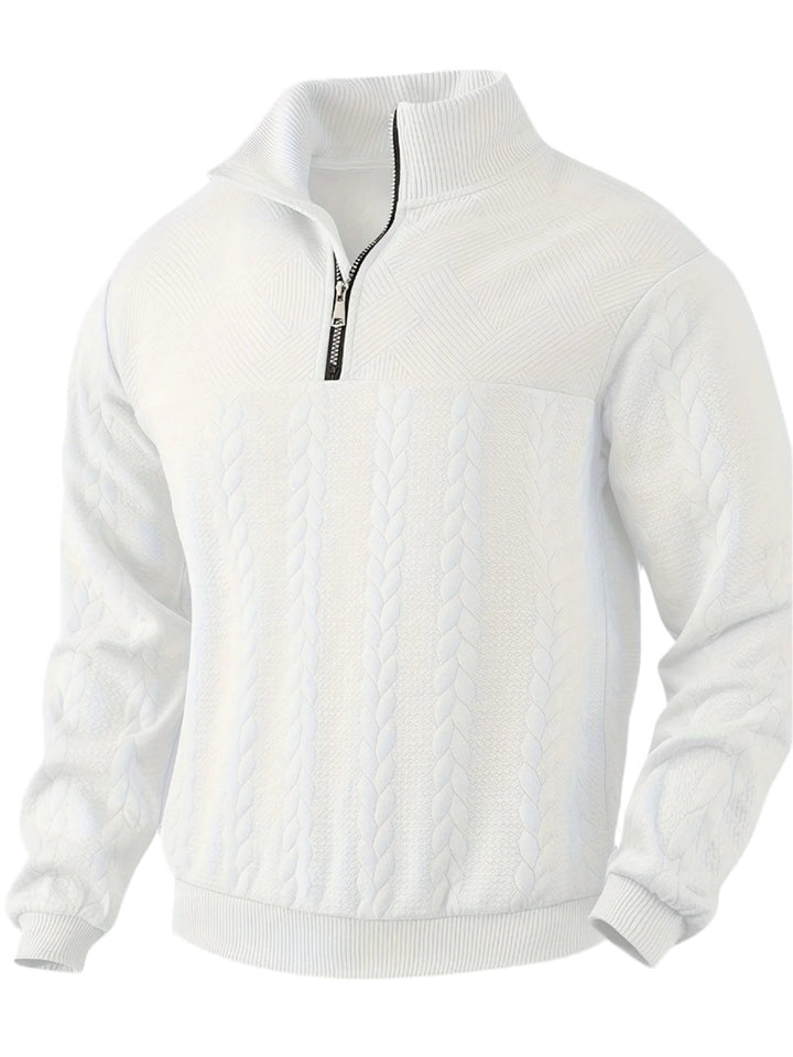 Weißer Strickpullover mit Reißverschluss, Zopfmuster, Herrenmode, Winterkleidung, Baumwolle