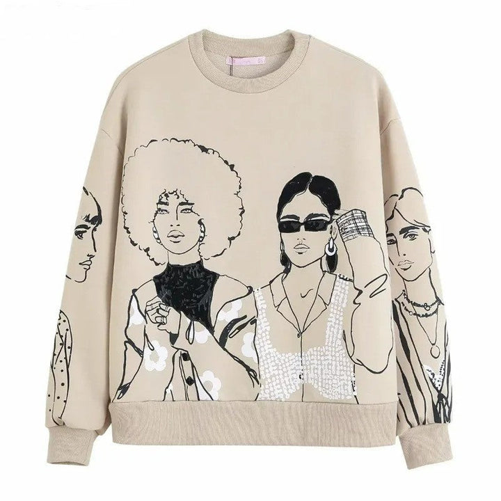Beige Damenpullover mit stilisiertem Frauendruck, Langarm, Baumwolle, modisch, lässig.