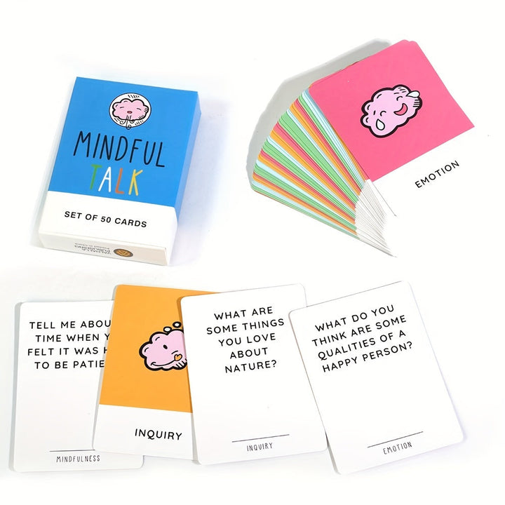 Mindful Talk Kartenset, 50 Karten, Achtsamkeit, Emotionen, Fragen, bunte Illustrationen