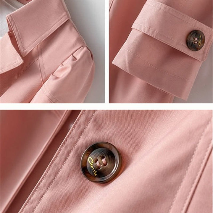 Rosa Damenjacke mit Knopfdetails, modisch, vielseitig, elegantes Design, Baumwollstoff.