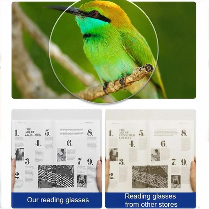 Srovnání ostrosti obrazu: detail zeleného ptáka a stránky časopisu s čočkou naší a jiných čteček. 8