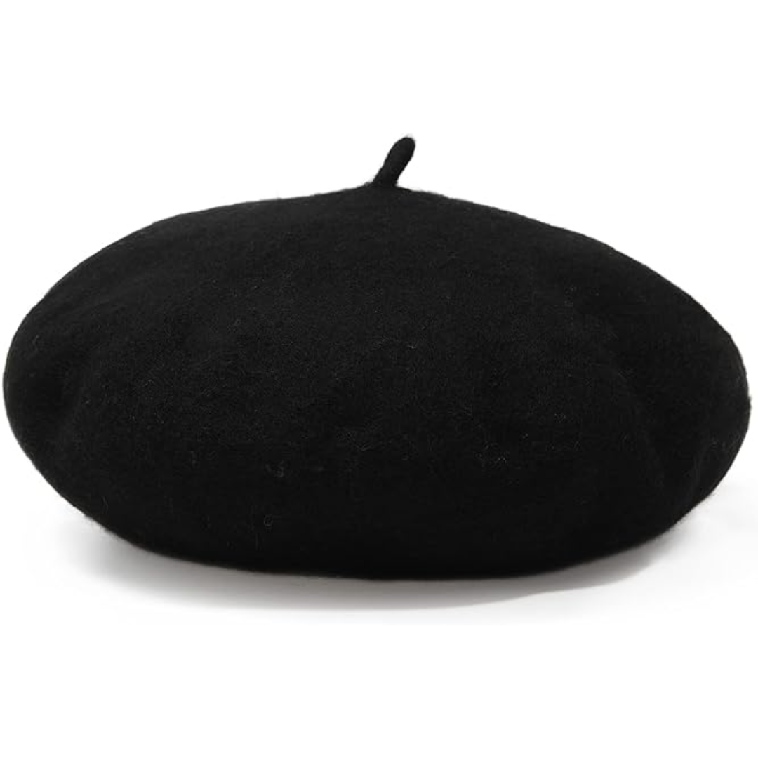 Černý vlněný baret s krátkou stopkou, produktová fotka na bílém pozadí 4