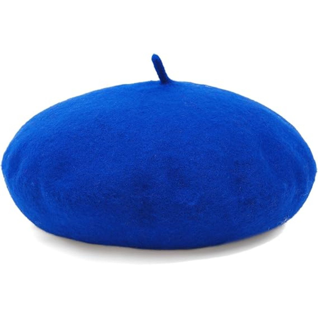 Sytě modrý vlněný baret se stopkou nahoře na bílém pozadí 5
