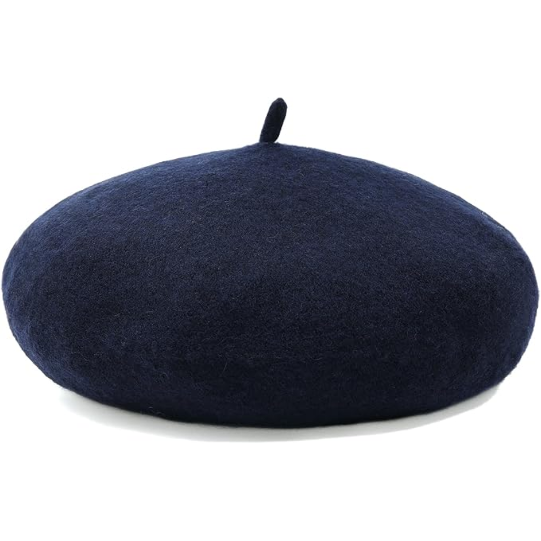 Tmavě modrý vlněný baret s krátkou stopkou na bílém pozadí 7
