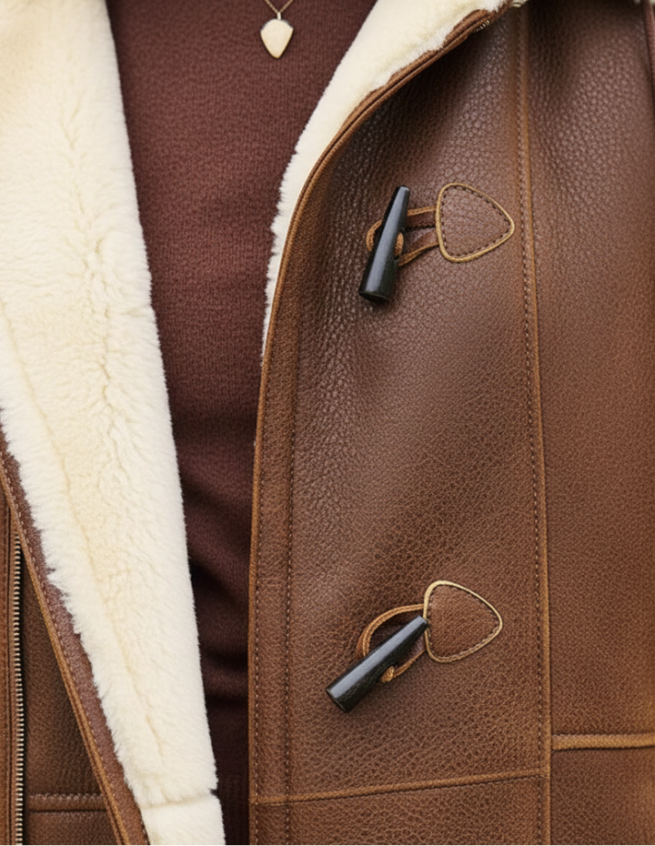 Detail dvou černých dřevěných knoflíků s koženými poutky na hnědém zrnitém materiálu, vedle měkká krémová podšívka a zip. 3
