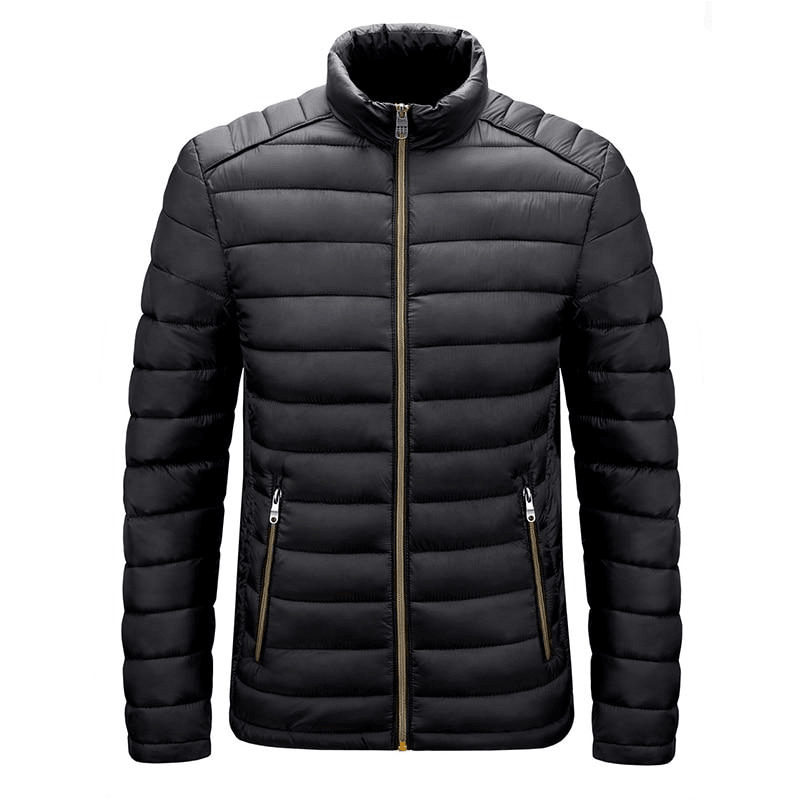 Schwarze Daunenjacke Herren, Stehkragen, Reißverschluss, Wintermode, warm, stilvoll.