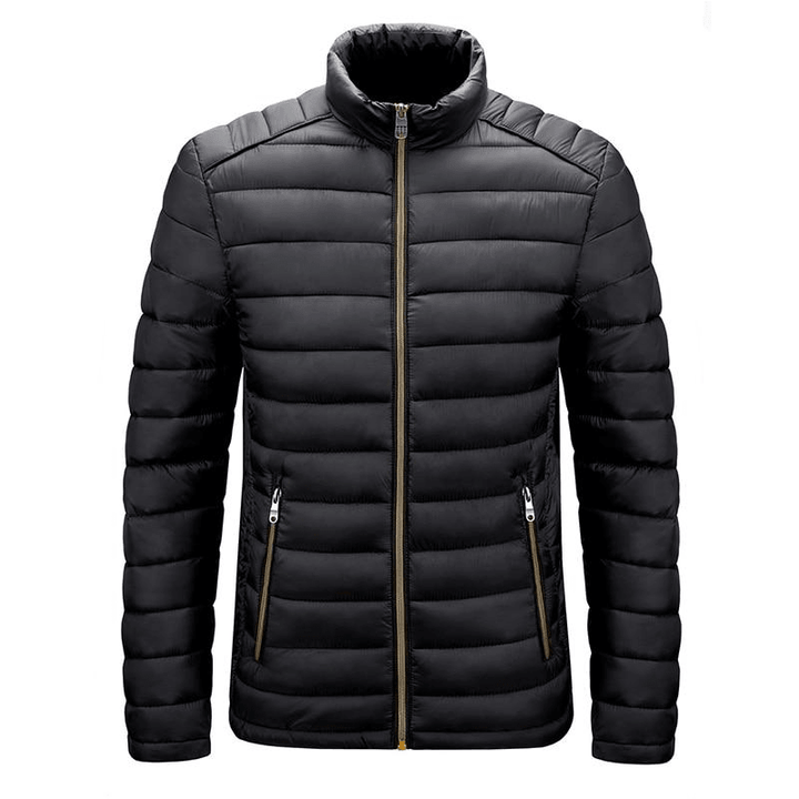 Schwarze Daunenjacke Herren, Stehkragen, Reißverschluss, Wintermode, warm, stilvoll.