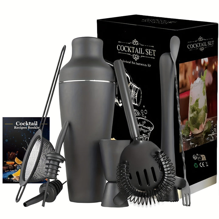 Schwarzes Cocktail-Shaker-Set mit Zubehör und Rezeptbuch, ideal für Barzubehör und Mixgetränke.