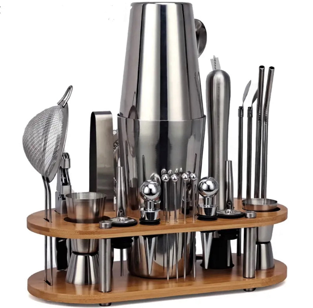 Cocktail-Set aus Edelstahl und Holz, 25-teilig, mit Shaker, Sieb, Löffel, ideal für Barzubehör.