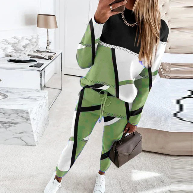 Farbblock-Patchwork-Damen-Set, grün-schwarz, Sweatshirt und Jogginghose, modisch, bequem.