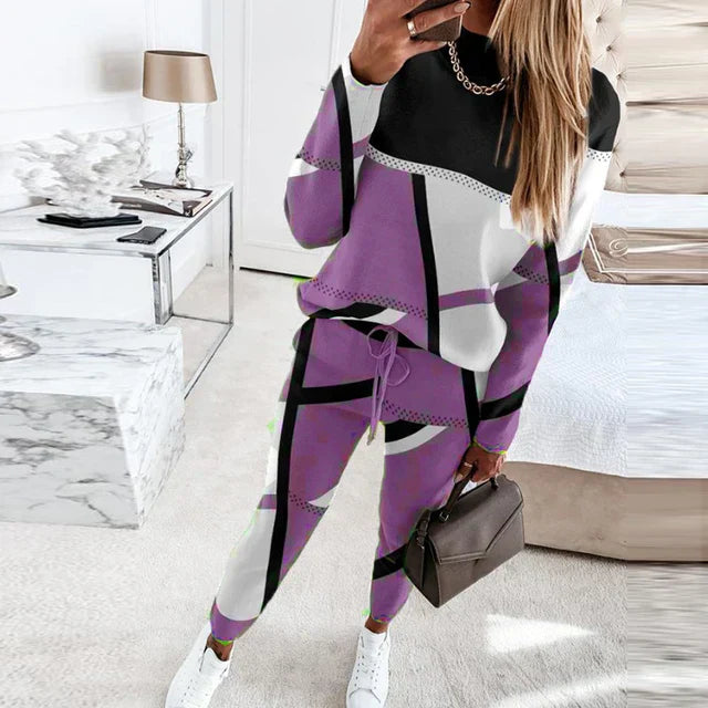 Farbblock-Patchwork-Damen-Set, lila und schwarz, Sweatshirt und Jogginghose, modisch.