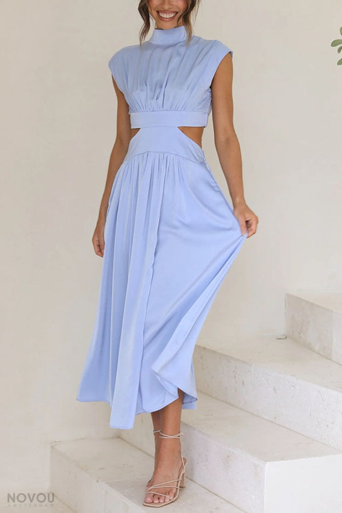 Elegant letní midi šaty s rolákem a páskovým střihem – Avelina