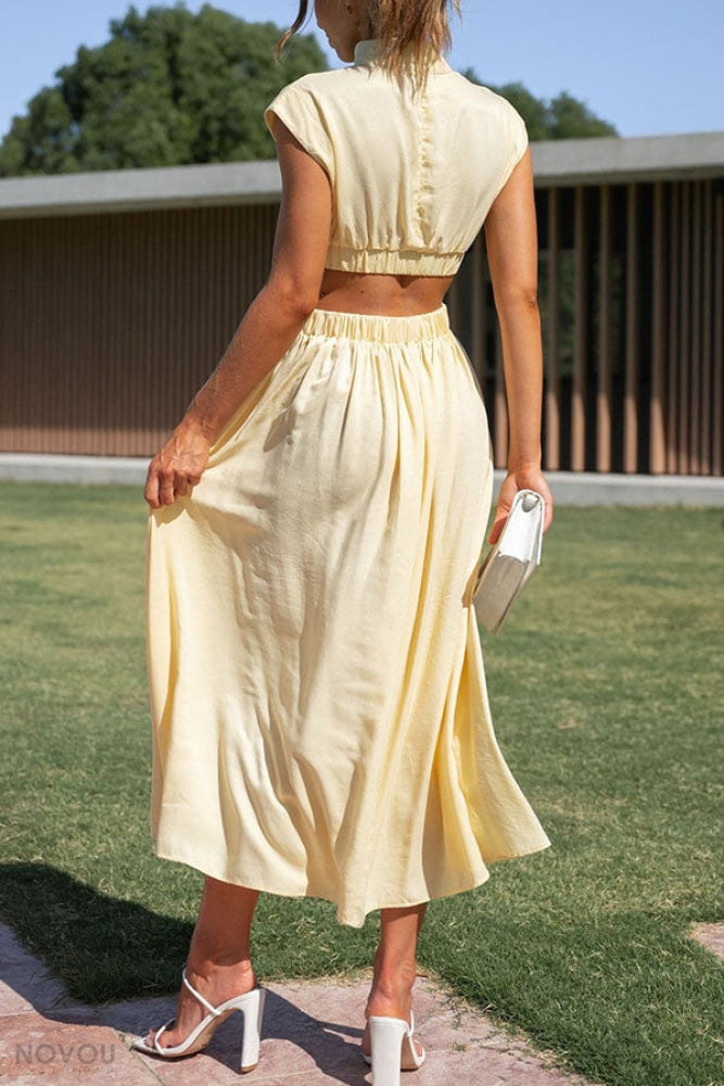 Elegant letní midi šaty s rolákem a páskovým střihem – Avelina