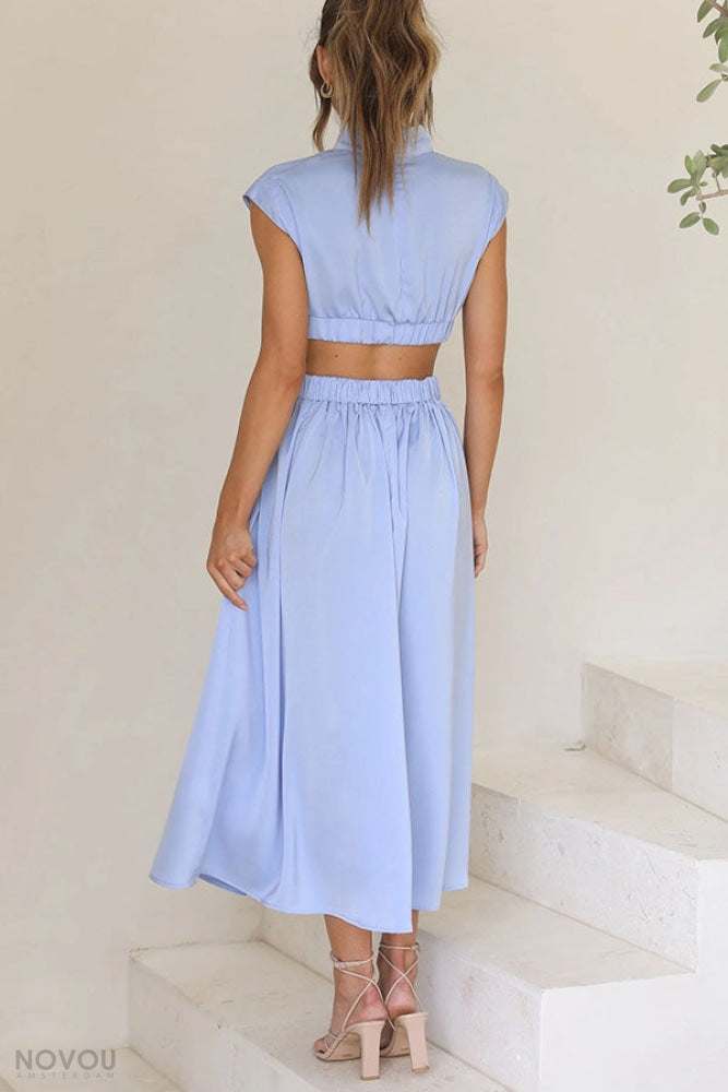 Elegant letní midi šaty s rolákem a páskovým střihem – Avelina