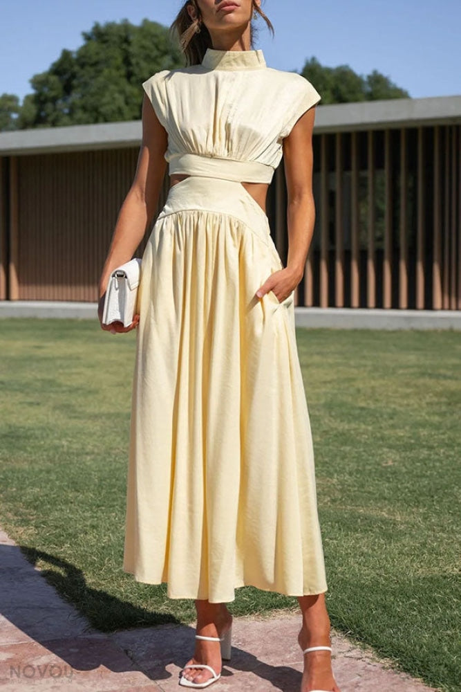 Elegant letní midi šaty s rolákem a páskovým střihem – Avelina