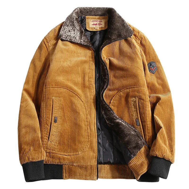 Braune Cordjacke mit Fellkragen, Reißverschluss, Taschen, Herrenmode, Winterjacke, Vintage-Stil.