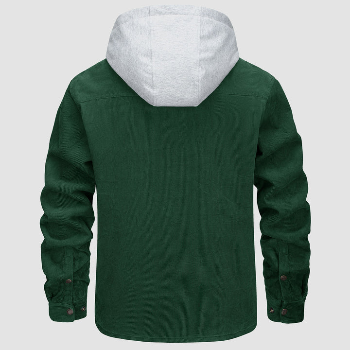 Grüne Cordjacke mit Kapuze, Herren, warm, Winter, 5 Taschen, Knopfverschluss.