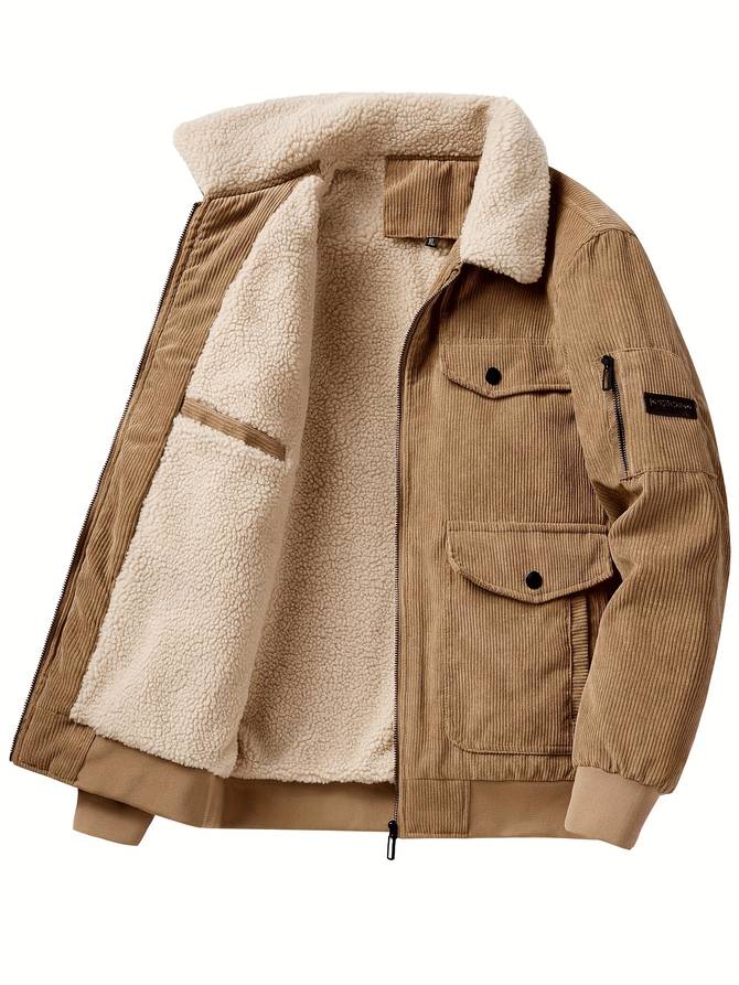 Braune Cordjacke mit Teddyfutter, Reißverschluss, Taschen, Herrenmode, Winterjacke.
