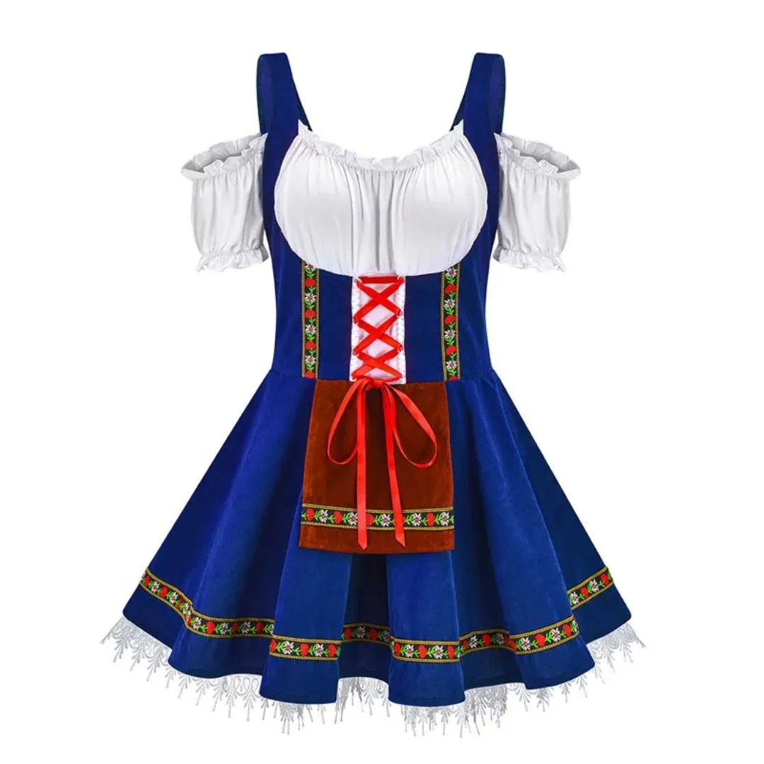 Modré dirndl s odhalenými rameny, bílou nabíranou halenkou, červeným šněrováním a hnědou zástěrou s mašlí 2