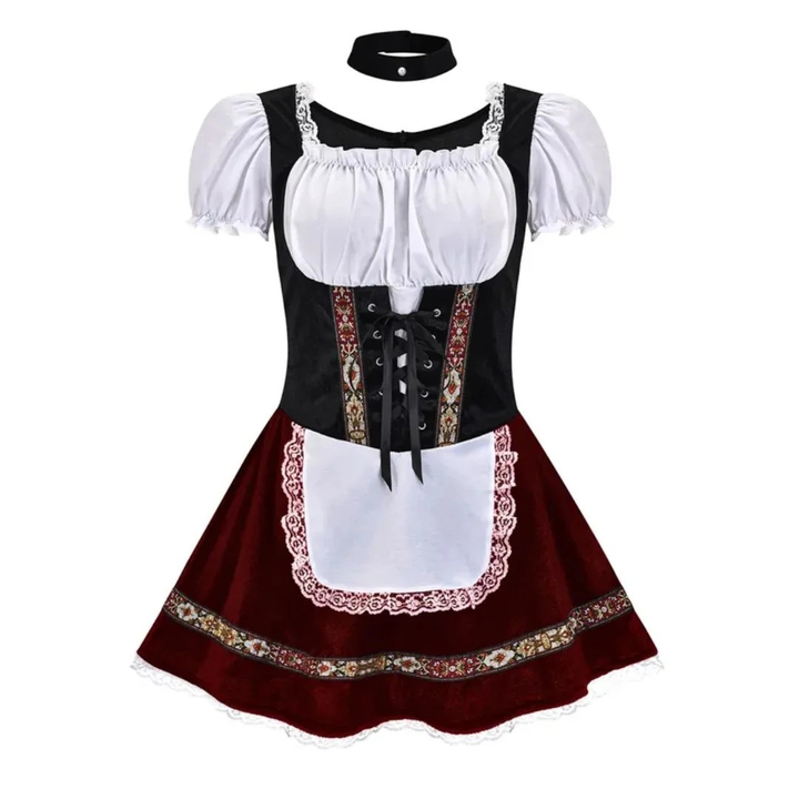 Dirndl s černým živůtkem, vínovou sukní, bílou krajkovou zástěrou a černým náhrdelníkem v sadě 6