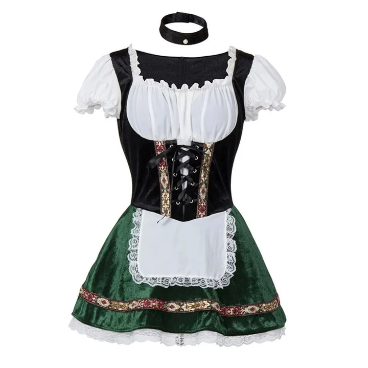 Dirndl s černým živůtkem, tmavě zelenou sukní, bílou krajkovou zástěrou a černým obojkem nad šaty 7