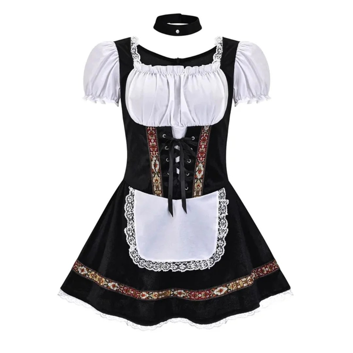 Celočerné dirndl s bílou halenkou a krajkovou zástěrou, šněrováním vpředu a černým obojkem nahoře 8