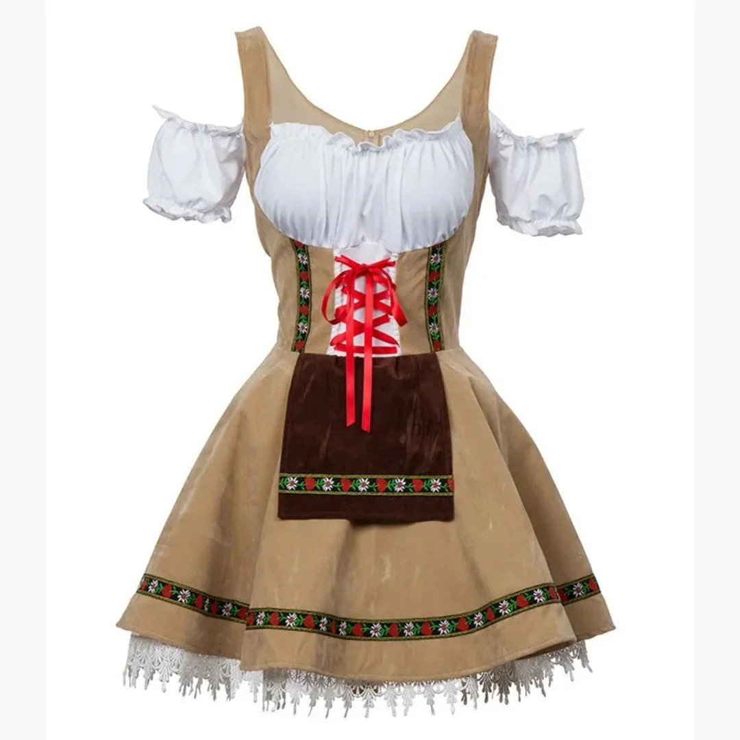 Béžové dirndl s hnědou přední zástěrou, červeným šněrováním, výšivkou na lemu a krajkou na spodním okraji 1