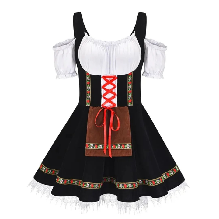 Černé dirndl s odhalenými rameny, bílou halenkou, červeným šněrováním a hnědou zástěrou s ozdobným lemem 5