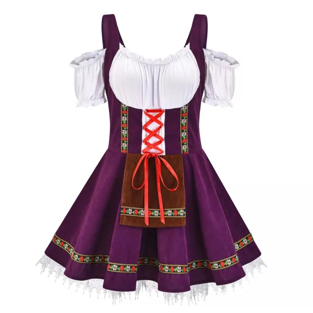 Fialové dirndl s odhalenými rameny, červenou stuhou na šněrování, hnědou zástěrou a bílou krajkou na sukni 4