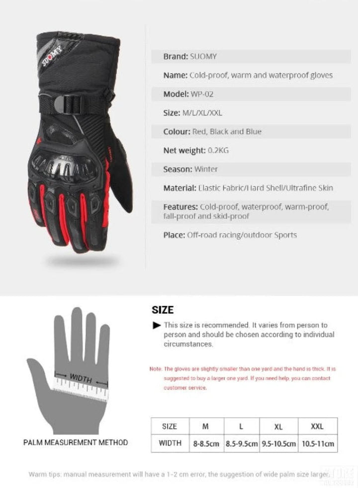 Schwarzer wasserdichter Motorrad-Handschuh, elastisches Gewebe, rote Akzente, Suomy Marke.