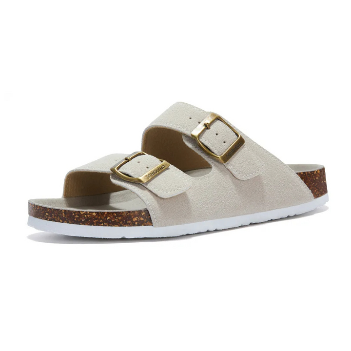 Cremefarbene Korksandalen mit goldenen Schnallen, rutschfeste Sohle, bequemes Design.