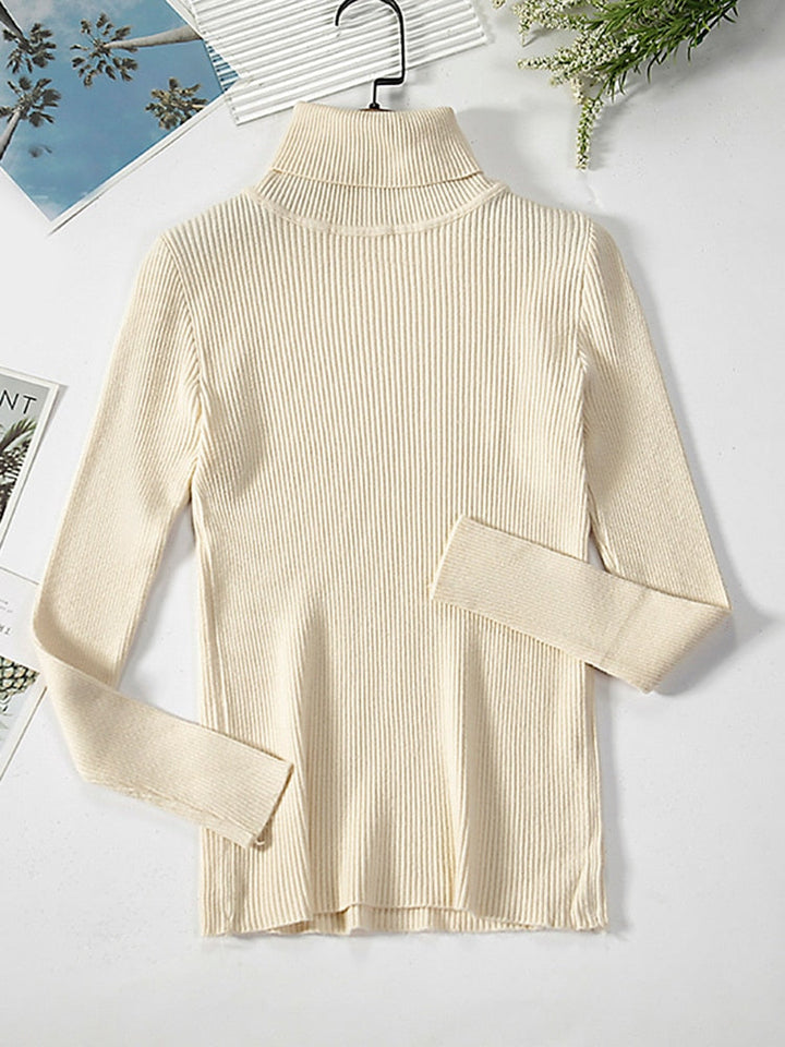 Beiger Rollkragenpullover Damen, gerippt, langärmelig, Baumwolle, modisch, elegant.
