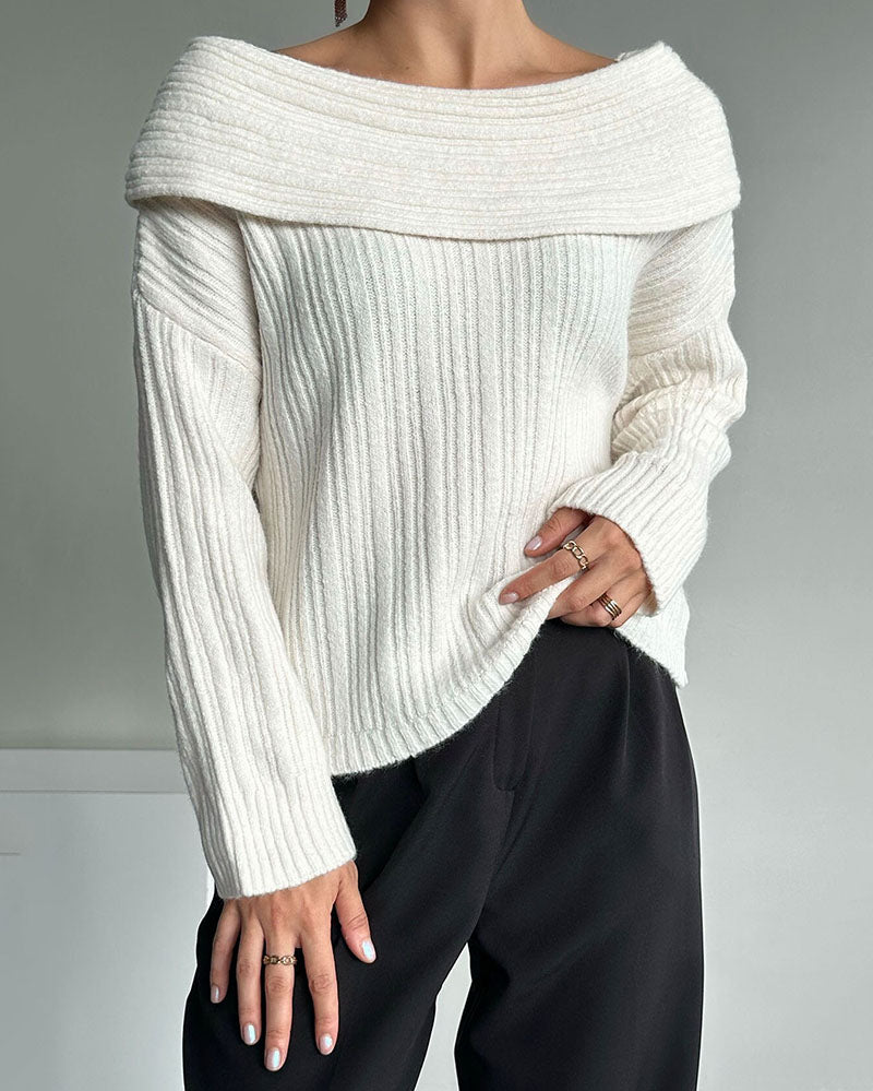 Weiße, schulterfreie Strickpullover für Damen, geripptes Design, modisch, elegant.