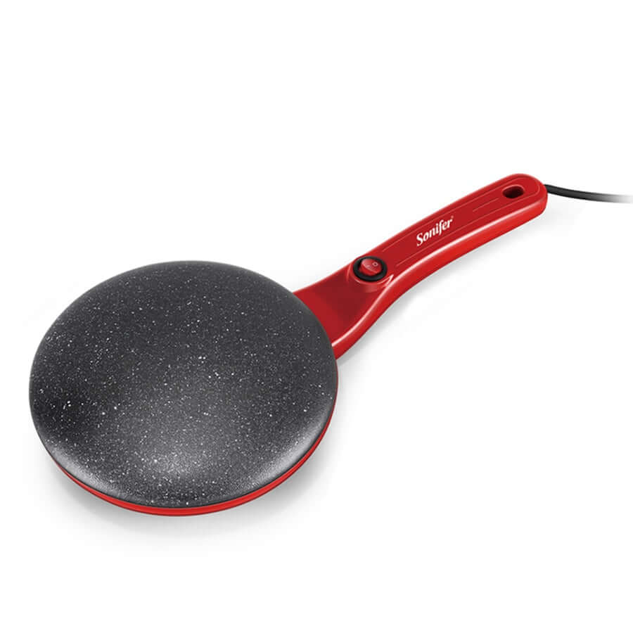 Roter elektrischer Crêpe-Maker mit Antihaftbeschichtung, ideal für Pfannkuchen und Crêpes.