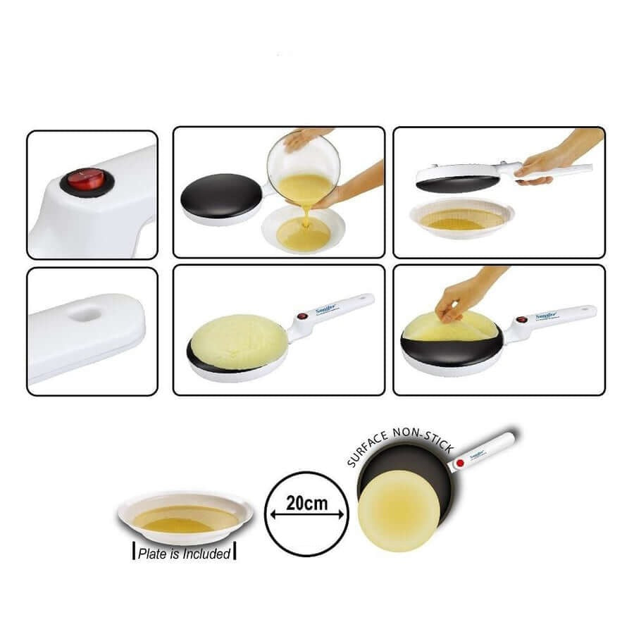 Elektrischer Crêpe-Maker, 20cm, antihaftbeschichtet, weiß, mit rotem Schalter und Teller.