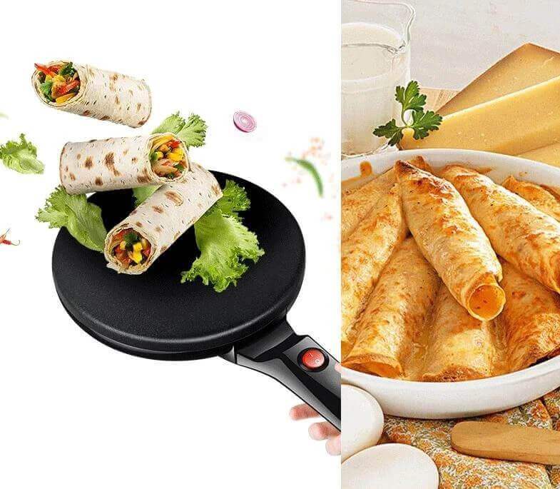 Elektrische Crêpe-Maker, schwarz, mit Crêpes und Gemüsefüllung, ideal für Küche und Frühstück.