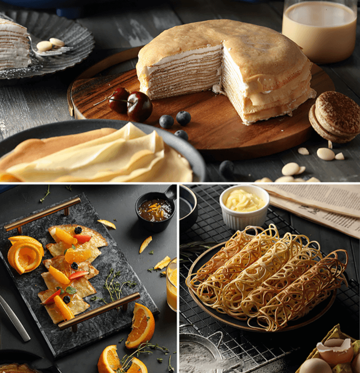 Crepes-Maker mit Crepes, Obst und Soßen auf Holztisch, ideal für Frühstück und Dessert.