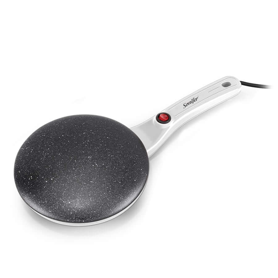 Elektrische Crêpe-Maker, antihaftbeschichtet, schwarz-weiß, mit Griff und Kabel.