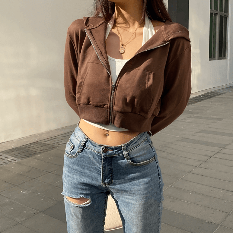 Podzimní trendová dámská cropped mikina na zip s kapucí – Alina
