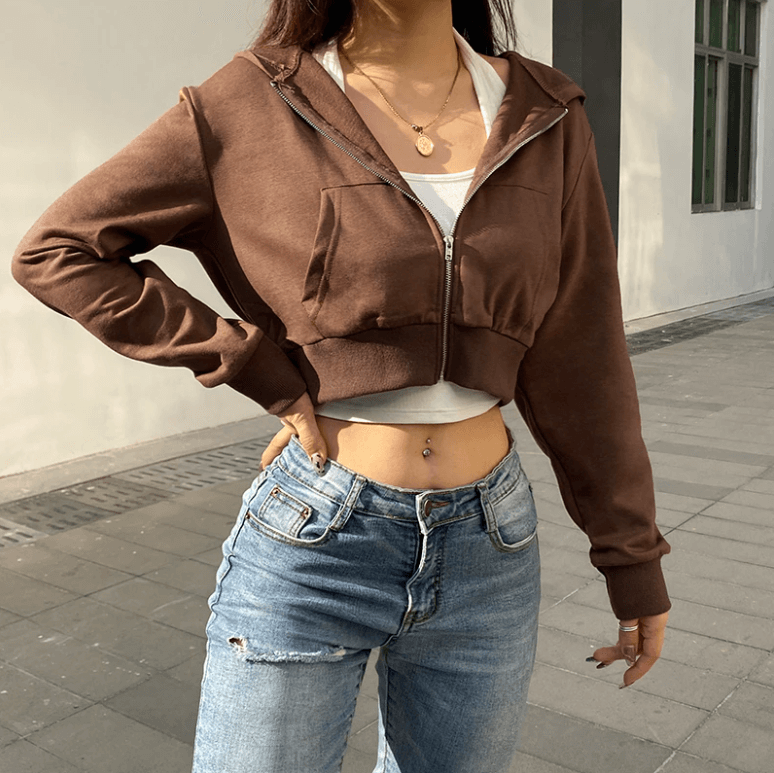 Podzimní trendová dámská cropped mikina na zip s kapucí – Alina