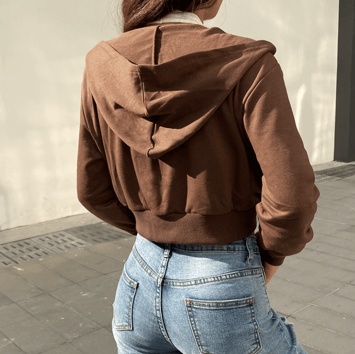 Podzimní trendová dámská cropped mikina na zip s kapucí – Alina