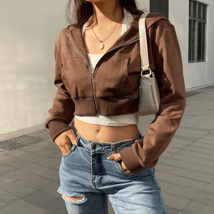 Podzimní trendová dámská cropped mikina na zip s kapucí – Alina