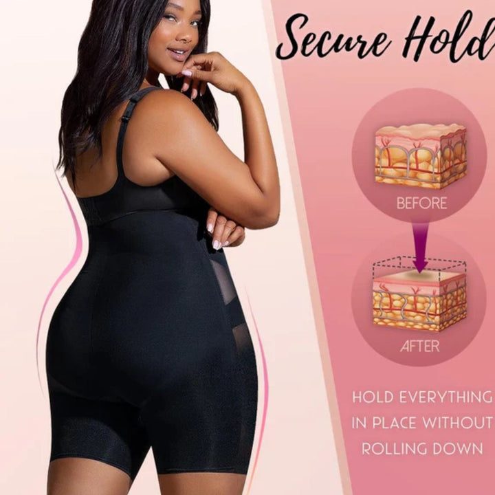 Frau in schwarzem Shapewear-Shorts, Cross Compression, figurformend, nahtlos, Bauchkontrolle.