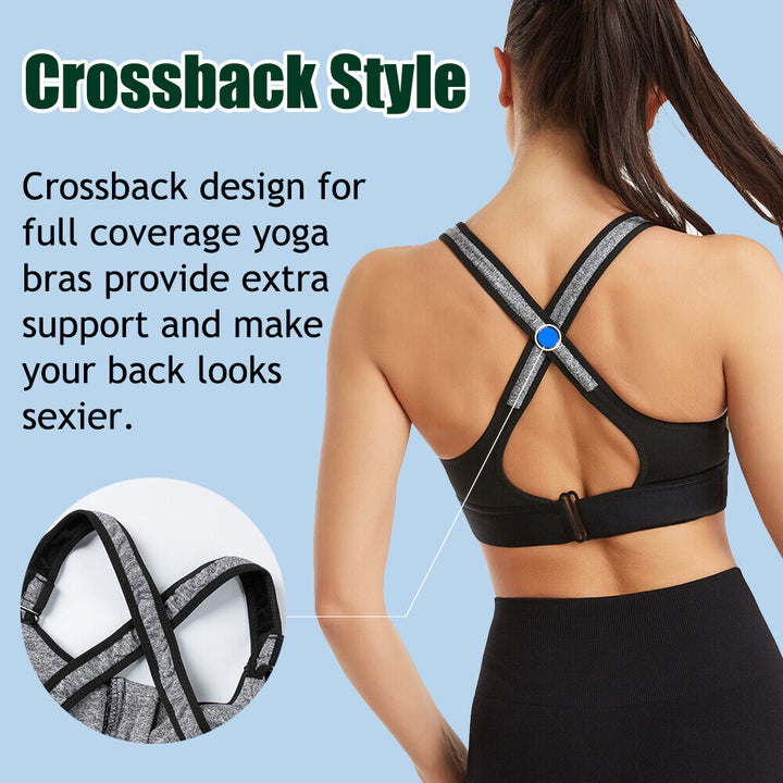 Frau in schwarzem Crossback-Sport-BH, Rückansicht, ideal für Yoga, extra Unterstützung.