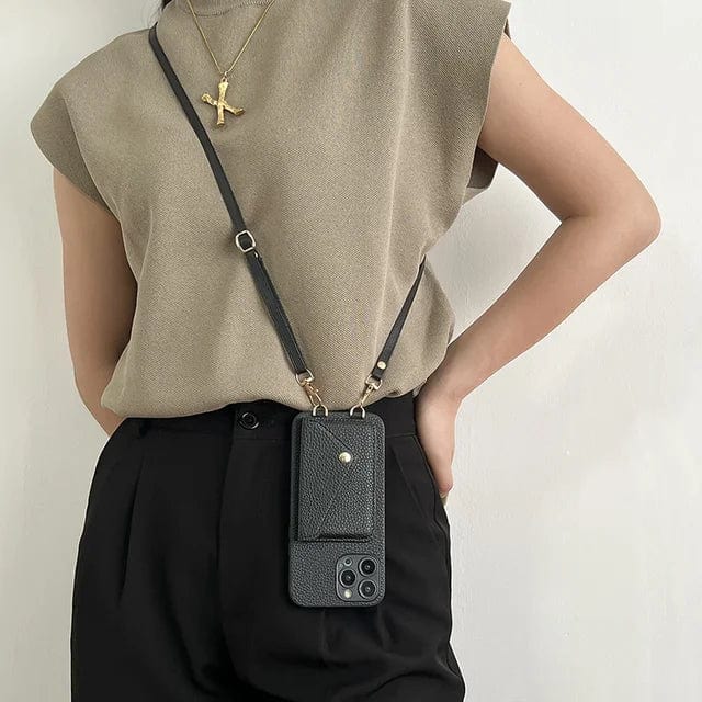 Damen Crossbody-Handyhülle mit Kordel, schwarz, für iPhone/Samsung, modisch und praktisch.