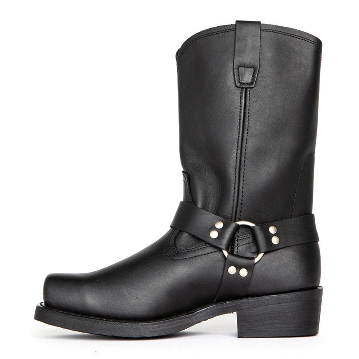 Schwarze Vintage-Cowboy-Stiefel für Herren, Leder, hohe Kette, Schnalle, quadratischer Absatz.