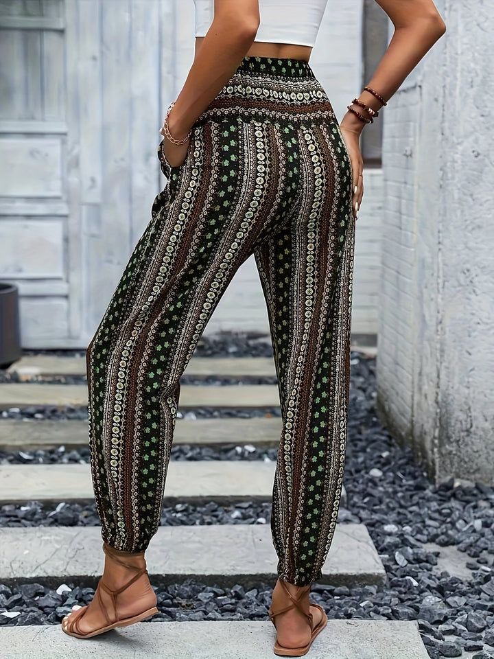 Boho Haremové dámské kalhoty s potiskem a nabíraným pasem – Linara
