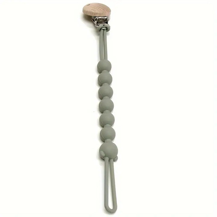 Grauer Silikon-Schnullerhalter mit Holzclip, Babyzubehör, BPA-frei, langlebig.