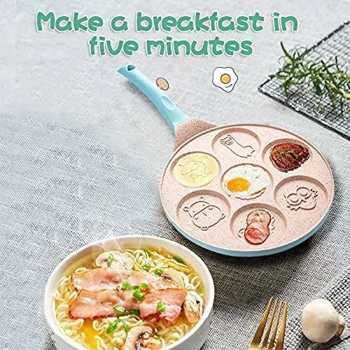 Multifunktionale Bratpfanne mit sechs Fächern, rosa, ideal für schnelles Frühstück.