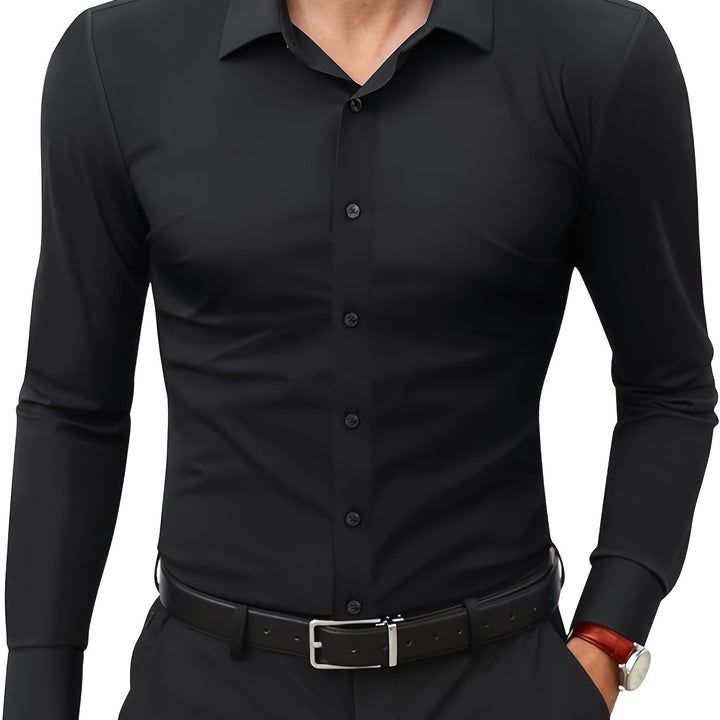 Schwarzes Herrenhemd, langärmelig, Knopfleiste, elegantes Design, Businessmode.